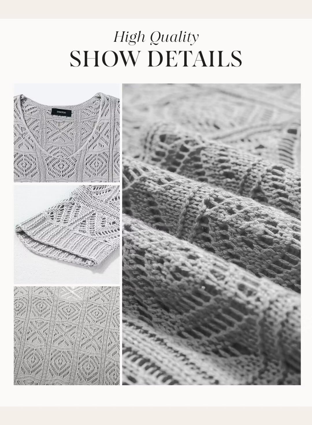 image:imageDokotoo Womens 2026 Spring Summer Crochet Hollow Out 34 Sleeve Pullover Sweater Off Shoulder TShirtsGray