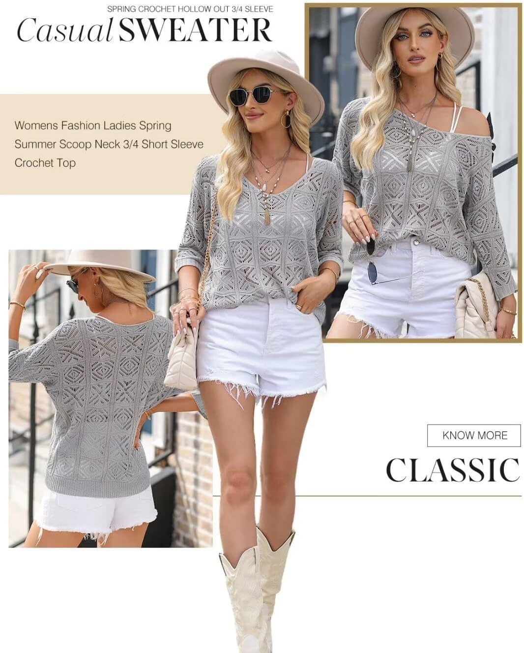 image:imageDokotoo Womens 2026 Spring Summer Crochet Hollow Out 34 Sleeve Pullover Sweater Off Shoulder TShirtsGray