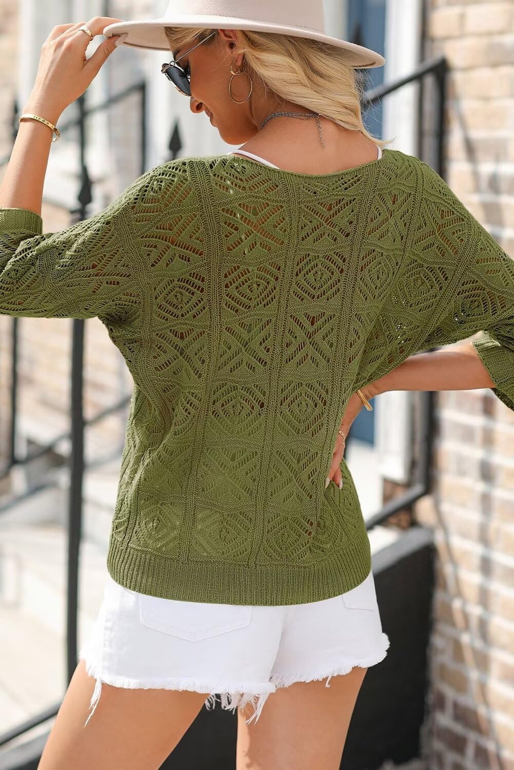 image:imageDokotoo Womens 2026 Spring Summer Crochet Hollow Out 34 Sleeve Pullover Sweater Off Shoulder TShirtsJungle Green