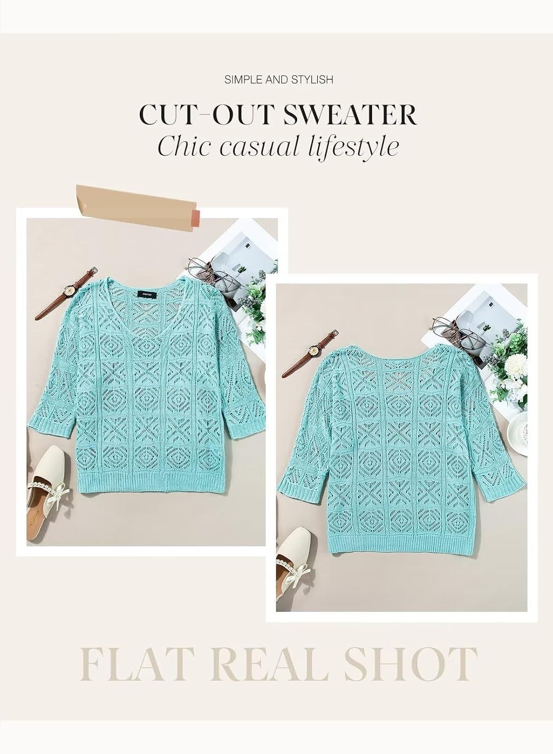 image:imageDokotoo Womens 2026 Spring Summer Crochet Hollow Out 34 Sleeve Pullover Sweater Off Shoulder TShirtsLight Blue