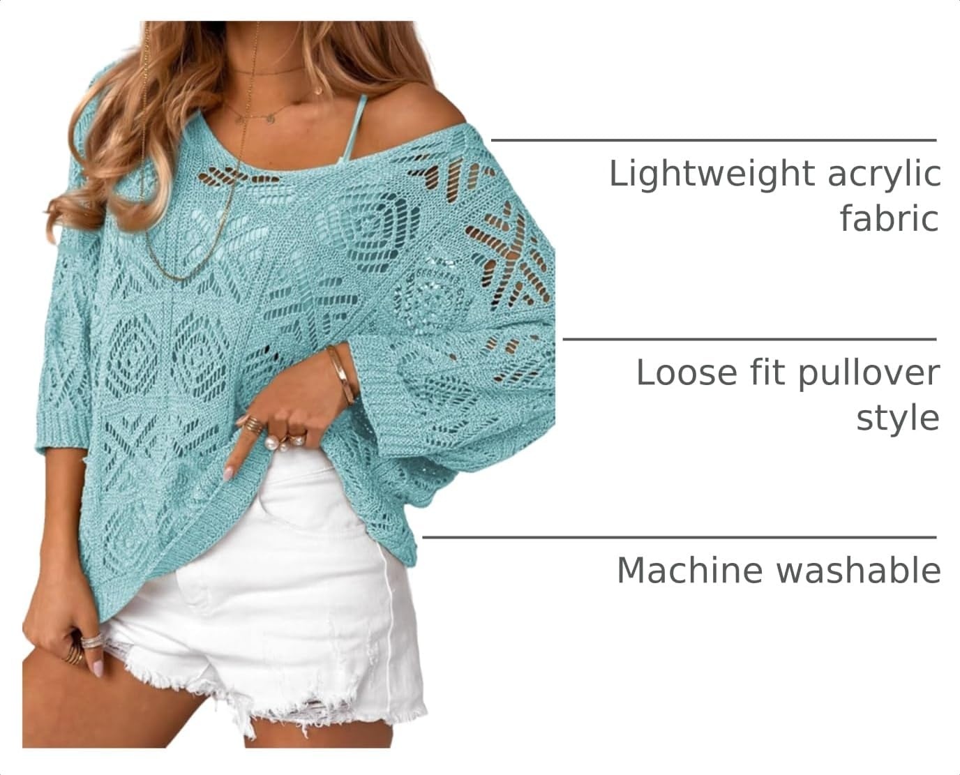 image:imageDokotoo Womens 2026 Spring Summer Crochet Hollow Out 34 Sleeve Pullover Sweater Off Shoulder TShirtsLight Blue