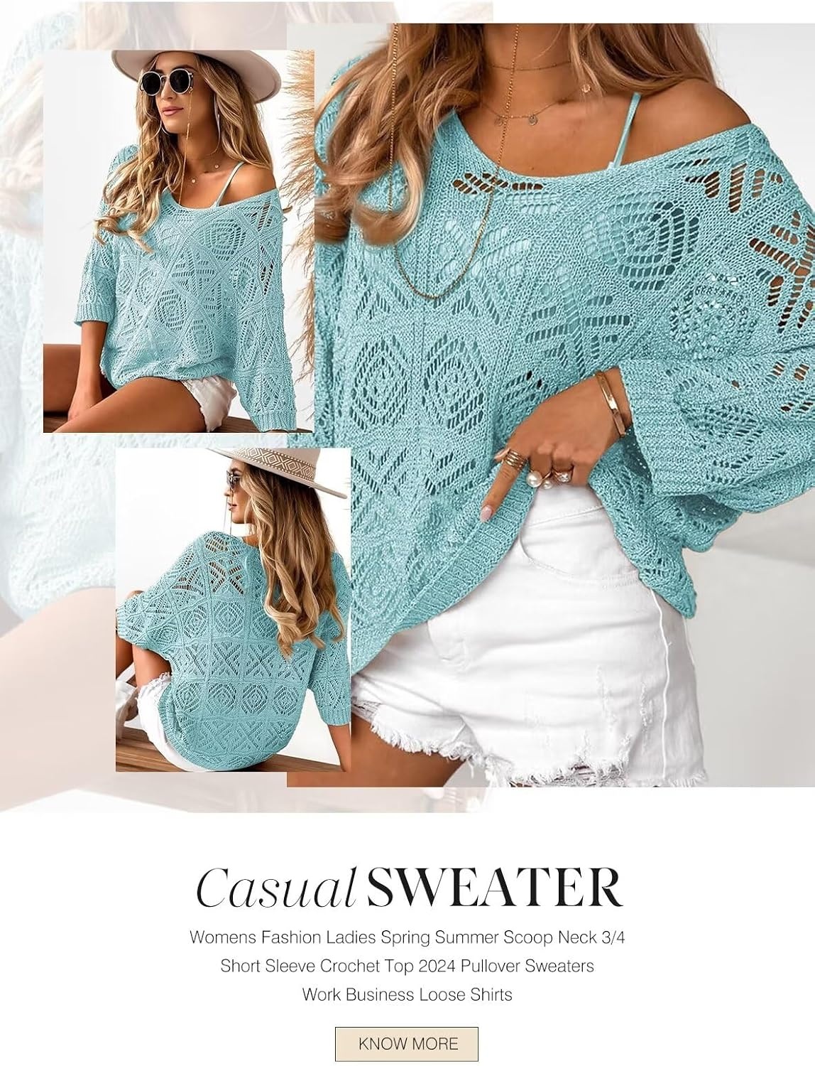 image:imageDokotoo Womens 2026 Spring Summer Crochet Hollow Out 34 Sleeve Pullover Sweater Off Shoulder TShirtsLight Blue