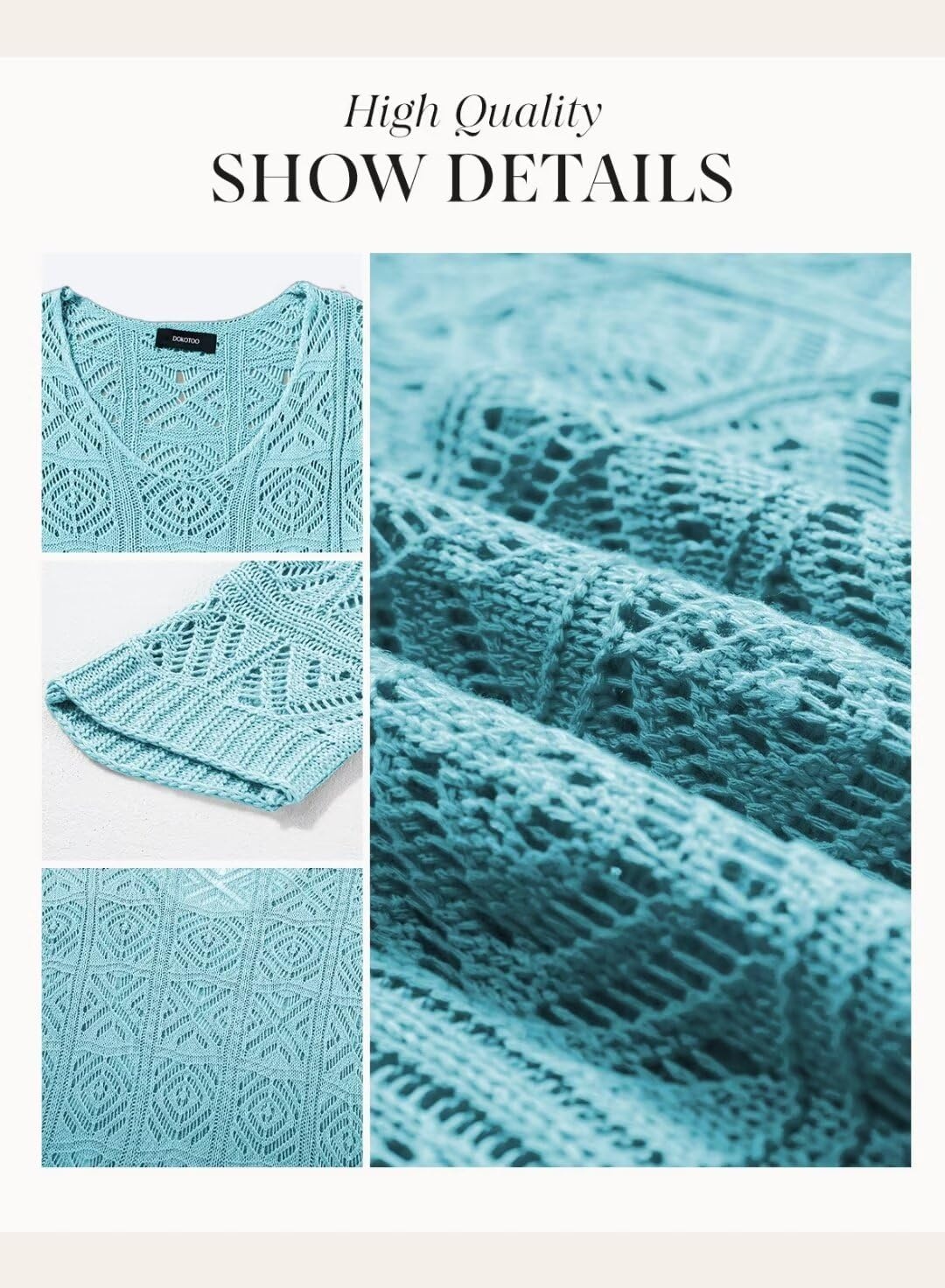 image:imageDokotoo Womens 2026 Spring Summer Crochet Hollow Out 34 Sleeve Pullover Sweater Off Shoulder TShirtsMist Blue