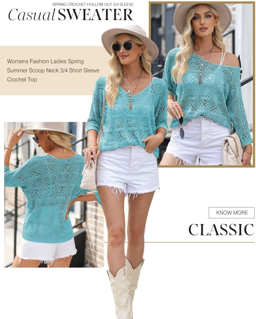 image:imageDokotoo Womens 2026 Spring Summer Crochet Hollow Out 34 Sleeve Pullover Sweater Off Shoulder TShirtsMist Blue