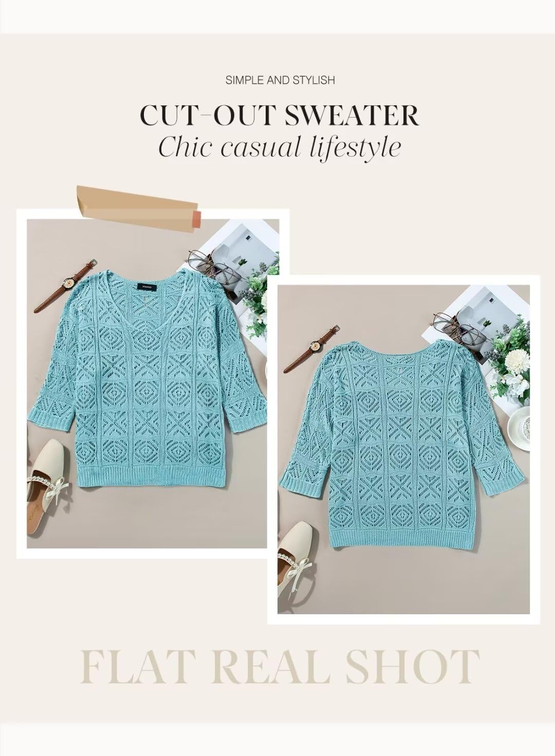 image:imageDokotoo Womens 2026 Spring Summer Crochet Hollow Out 34 Sleeve Pullover Sweater Off Shoulder TShirtsMist Blue