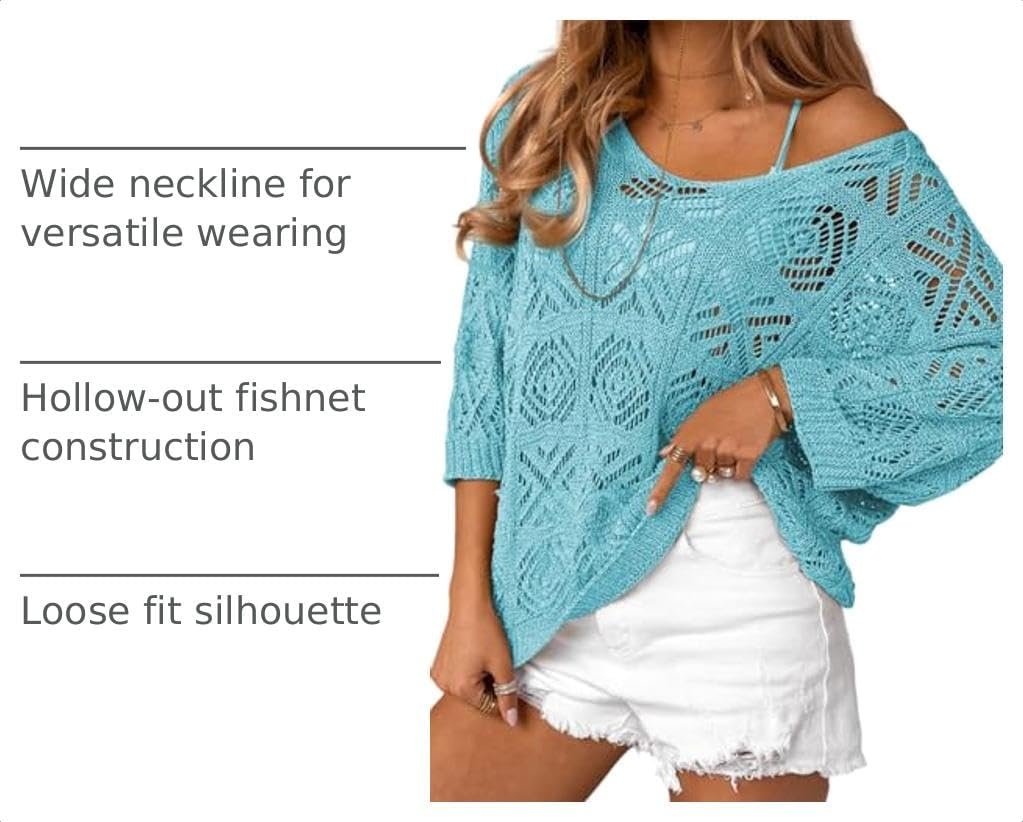 image:imageDokotoo Womens 2026 Spring Summer Crochet Hollow Out 34 Sleeve Pullover Sweater Off Shoulder TShirtsMist Blue