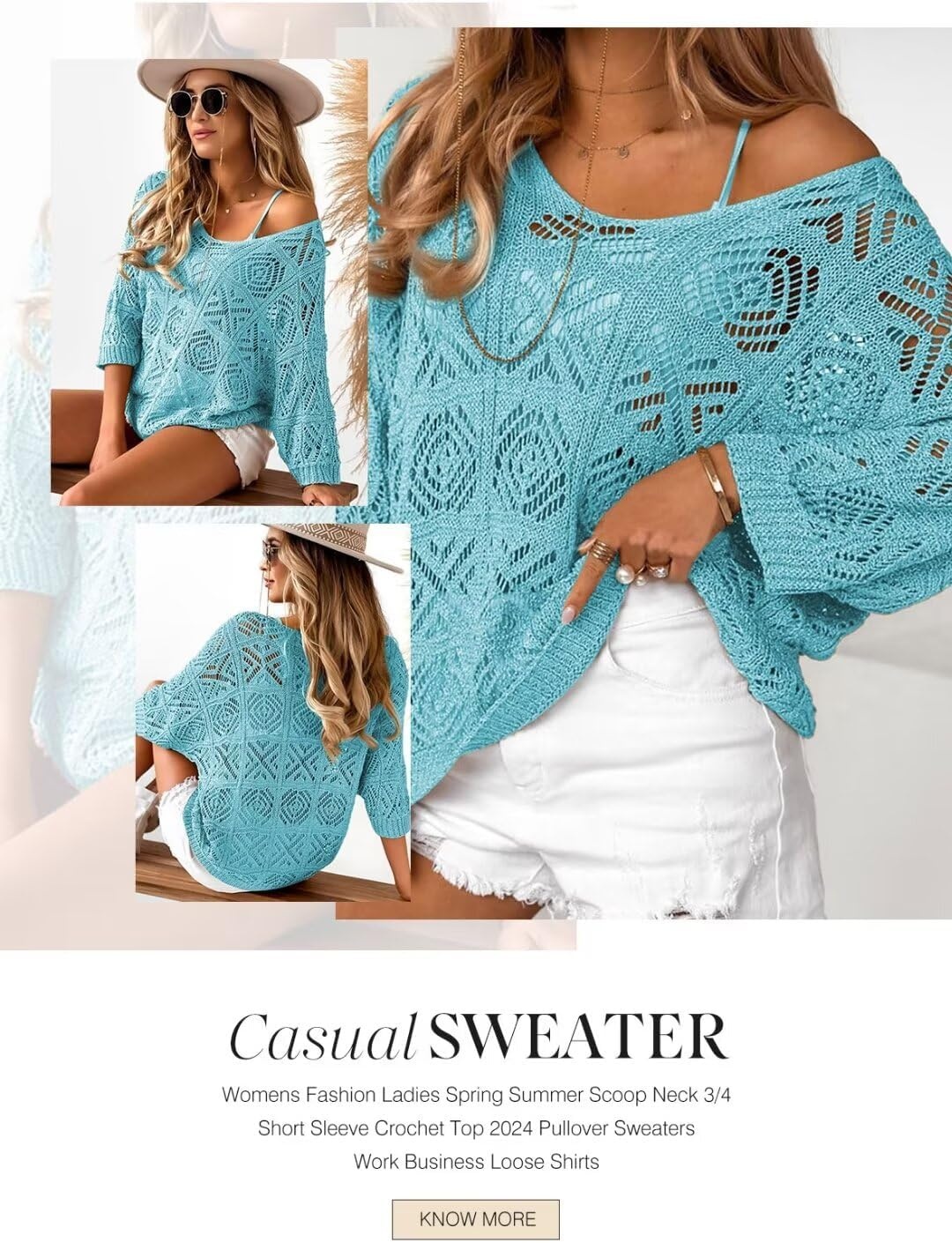 image:imageDokotoo Womens 2026 Spring Summer Crochet Hollow Out 34 Sleeve Pullover Sweater Off Shoulder TShirtsMist Blue
