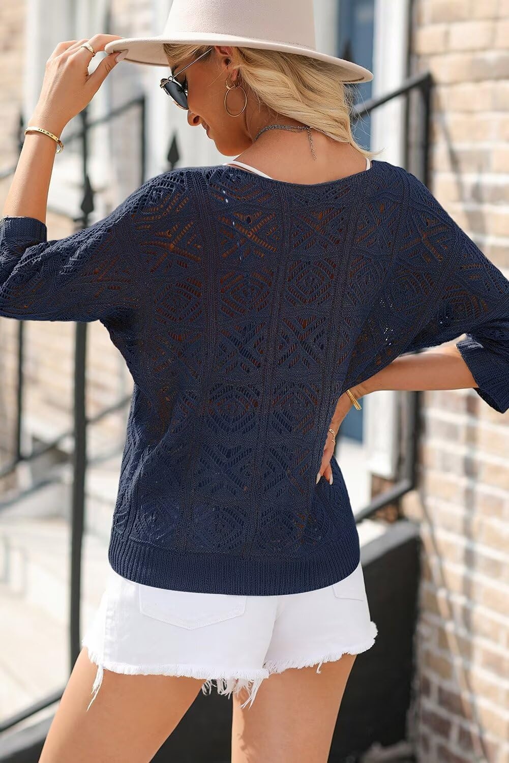 image:imageDokotoo Womens 2026 Spring Summer Crochet Hollow Out 34 Sleeve Pullover Sweater Off Shoulder TShirtsNavy Blue