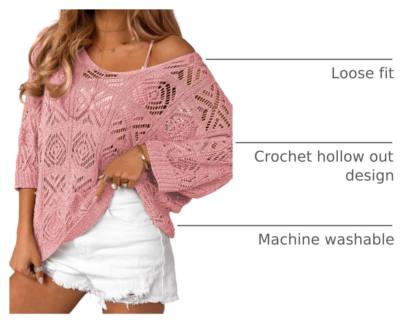 image:imageDokotoo Womens 2026 Spring Summer Crochet Hollow Out 34 Sleeve Pullover Sweater Off Shoulder TShirtsPink