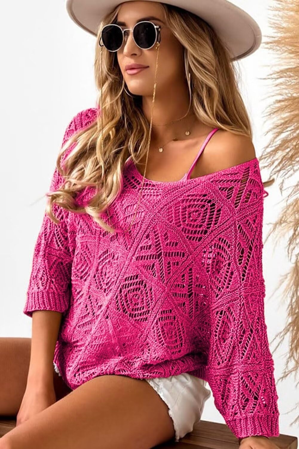 image:imageDokotoo Womens 2026 Spring Summer Crochet Hollow Out 34 Sleeve Pullover Sweater Off Shoulder TShirtsRose Red