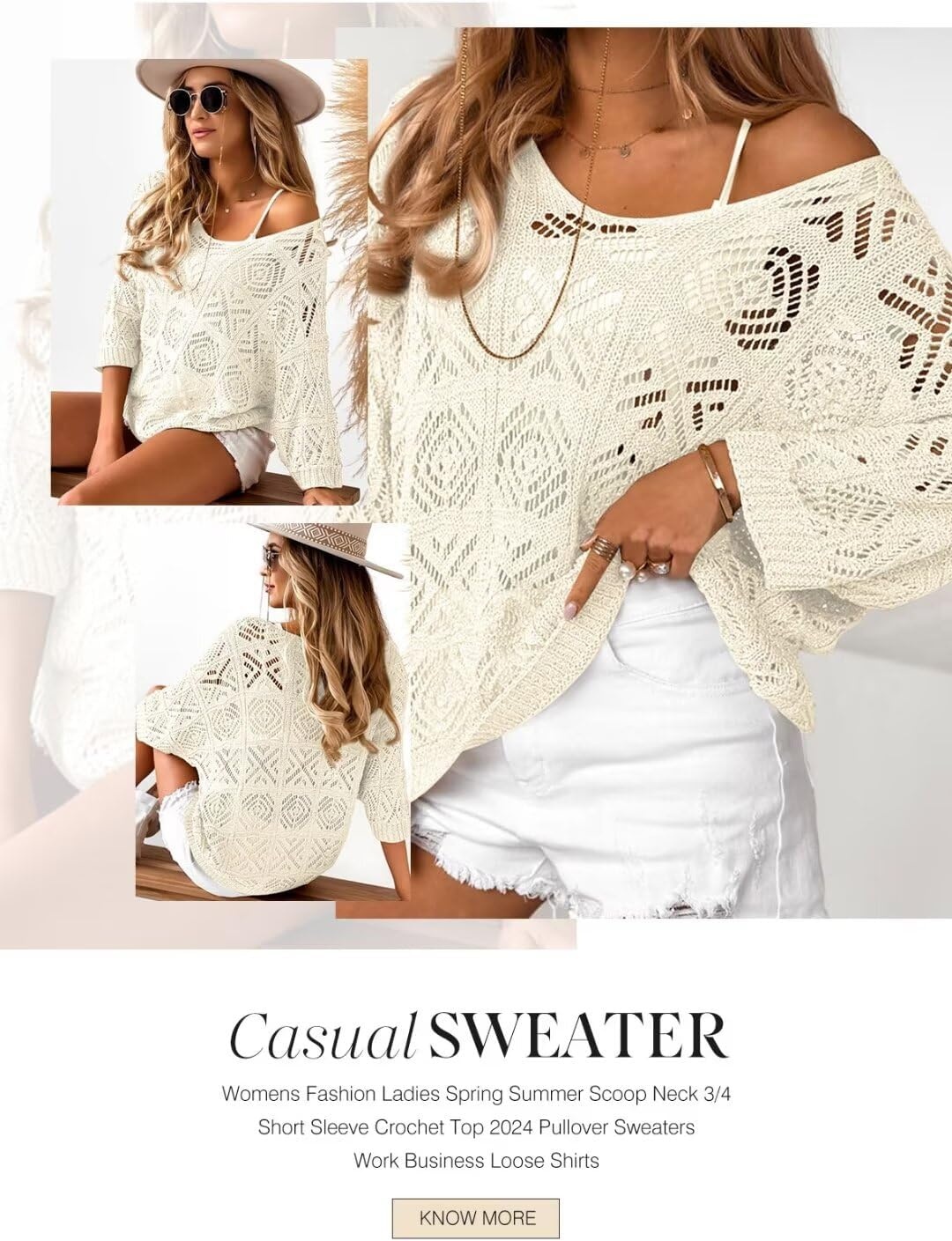 image:imageDokotoo Womens 2026 Spring Summer Crochet Hollow Out 34 Sleeve Pullover Sweater Off Shoulder TShirtsWhite
