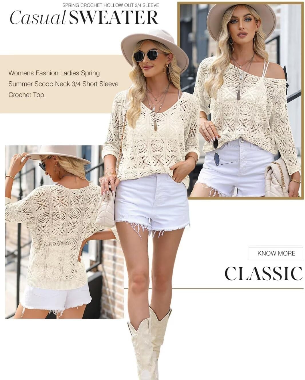 image:imageDokotoo Womens 2026 Spring Summer Crochet Hollow Out 34 Sleeve Pullover Sweater Off Shoulder TShirtsWhite