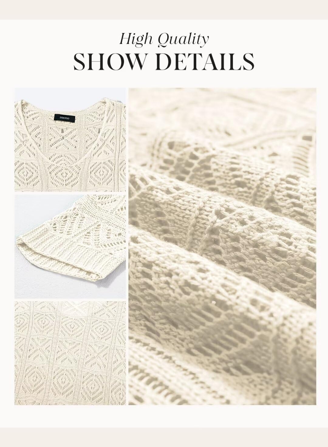 image:imageDokotoo Womens 2026 Spring Summer Crochet Hollow Out 34 Sleeve Pullover Sweater Off Shoulder TShirtsWhite