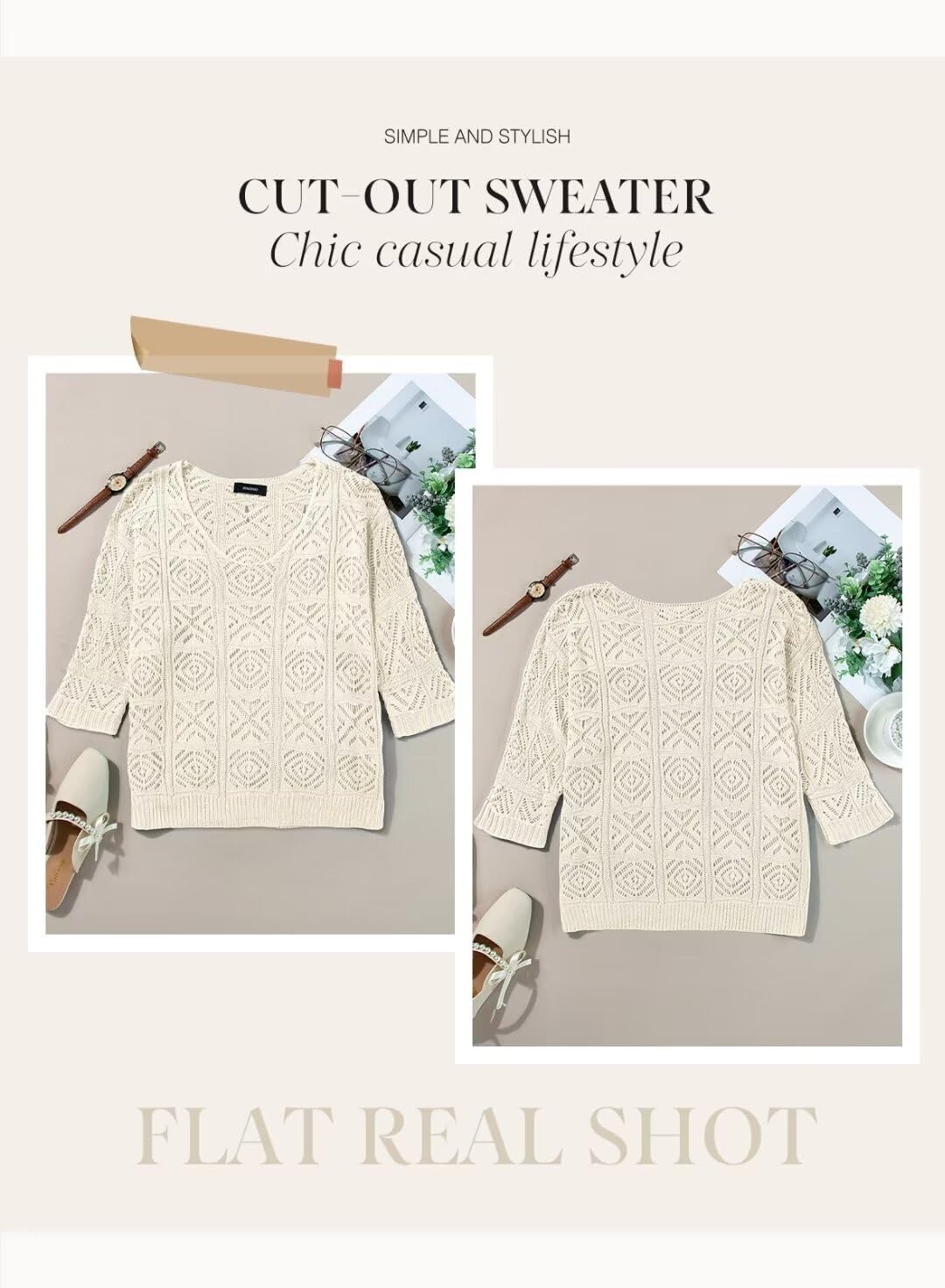 image:imageDokotoo Womens 2026 Spring Summer Crochet Hollow Out 34 Sleeve Pullover Sweater Off Shoulder TShirtsWhite
