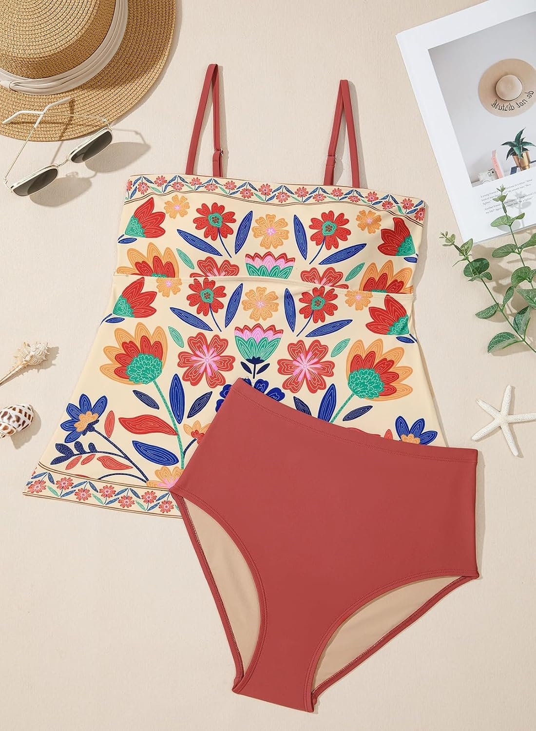 image:imageDokotoo Womens Boho Floral Tankini Set 2 Piece Swimsuits 2026 BeachwearRed