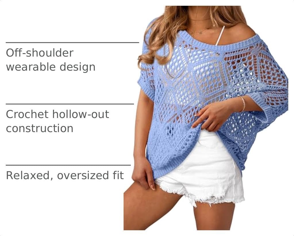image:imageDokotoo Womens Crochet Cover Up Tops Summer Short Sleeve Off Shoulder Sweater Shirts Beach Swimsuit CoverupBeau Blue