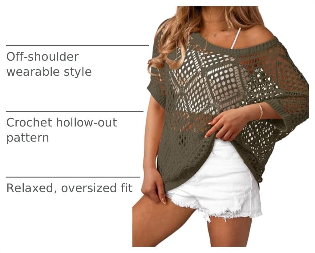 image:imageDokotoo Womens Crochet Cover Up Tops Summer Short Sleeve Off Shoulder Sweater Shirts Beach Swimsuit CoverupFour Leaf Clover