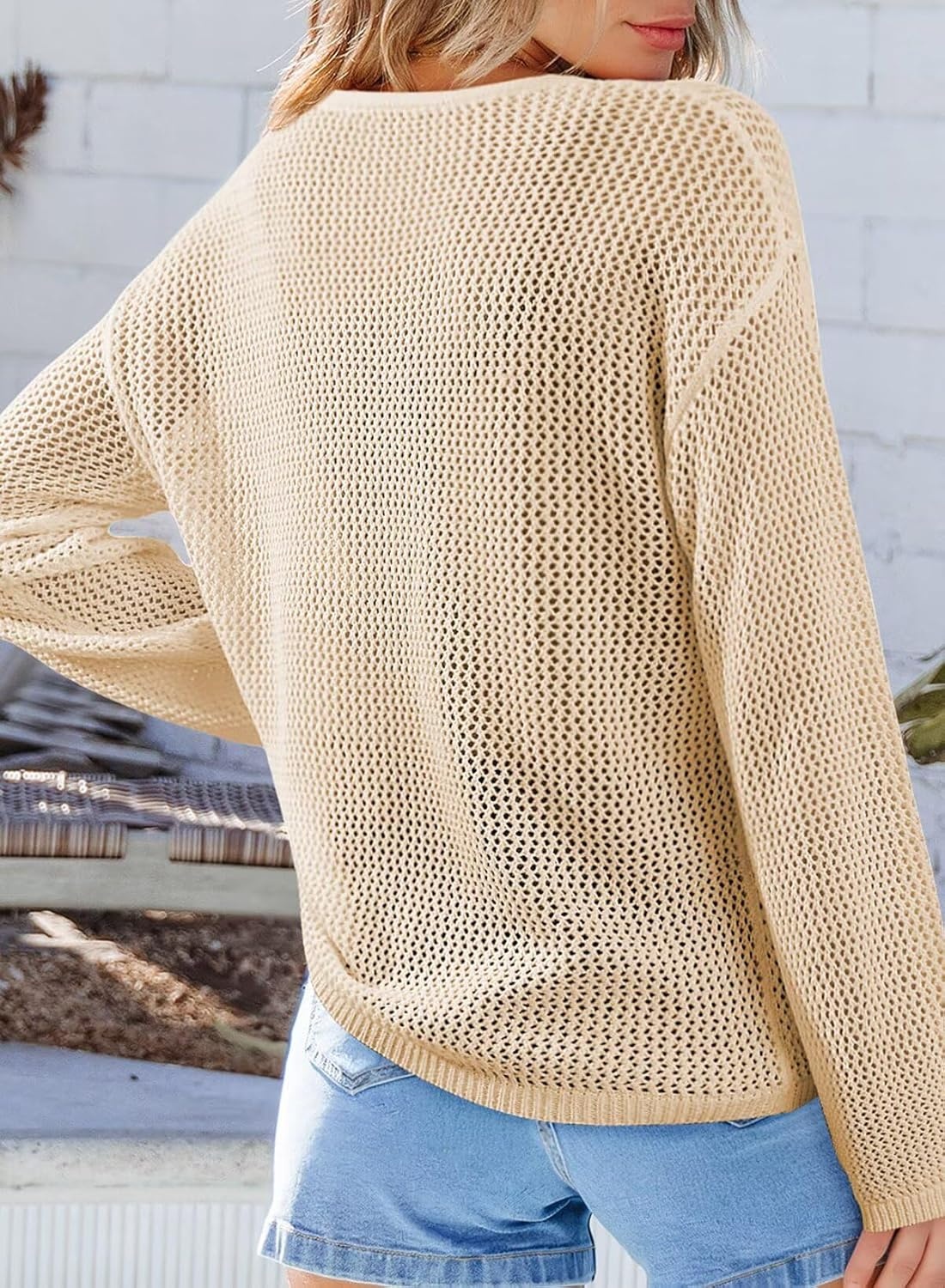 image:imageDokotoo Womens Fashion 2026 Summer Crochet Hollow Out Long Sleeve Sweaters Casual Crewneck Pullover Shirt Beach CoverupApricot