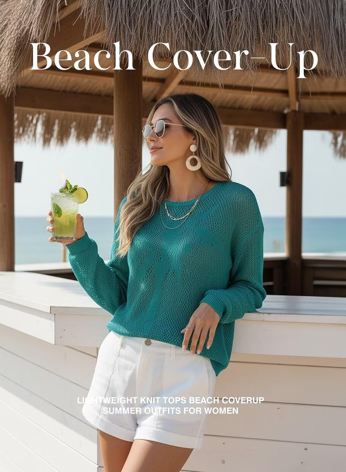 image:imageDokotoo Womens Fashion 2026 Summer Crochet Hollow Out Long Sleeve Sweaters Casual Crewneck Pullover Shirt Beach CoverupBlue