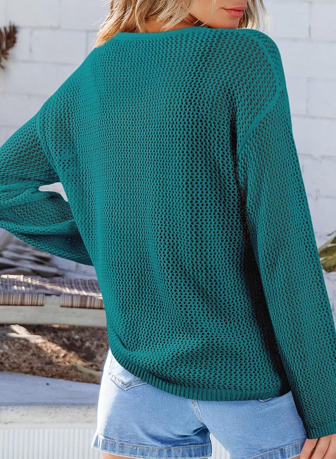 image:imageDokotoo Womens Fashion 2026 Summer Crochet Hollow Out Long Sleeve Sweaters Casual Crewneck Pullover Shirt Beach CoverupBlue