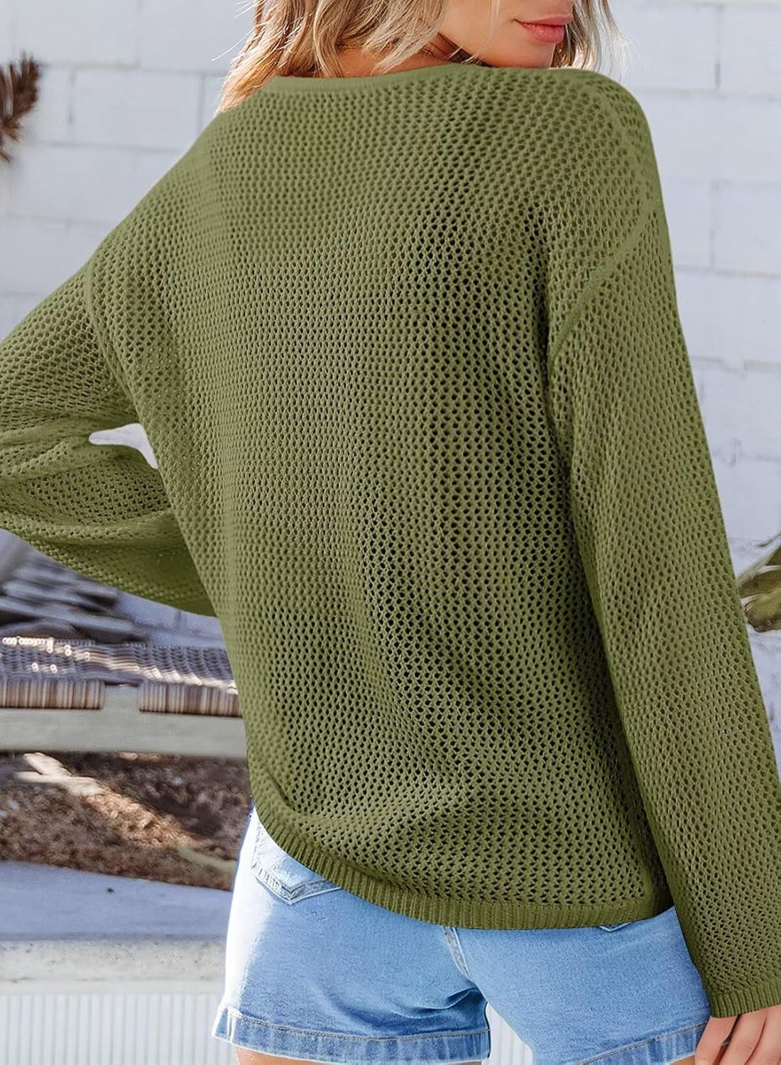 image:imageDokotoo Womens Fashion 2026 Summer Crochet Hollow Out Long Sleeve Sweaters Casual Crewneck Pullover Shirt Beach CoverupGreen