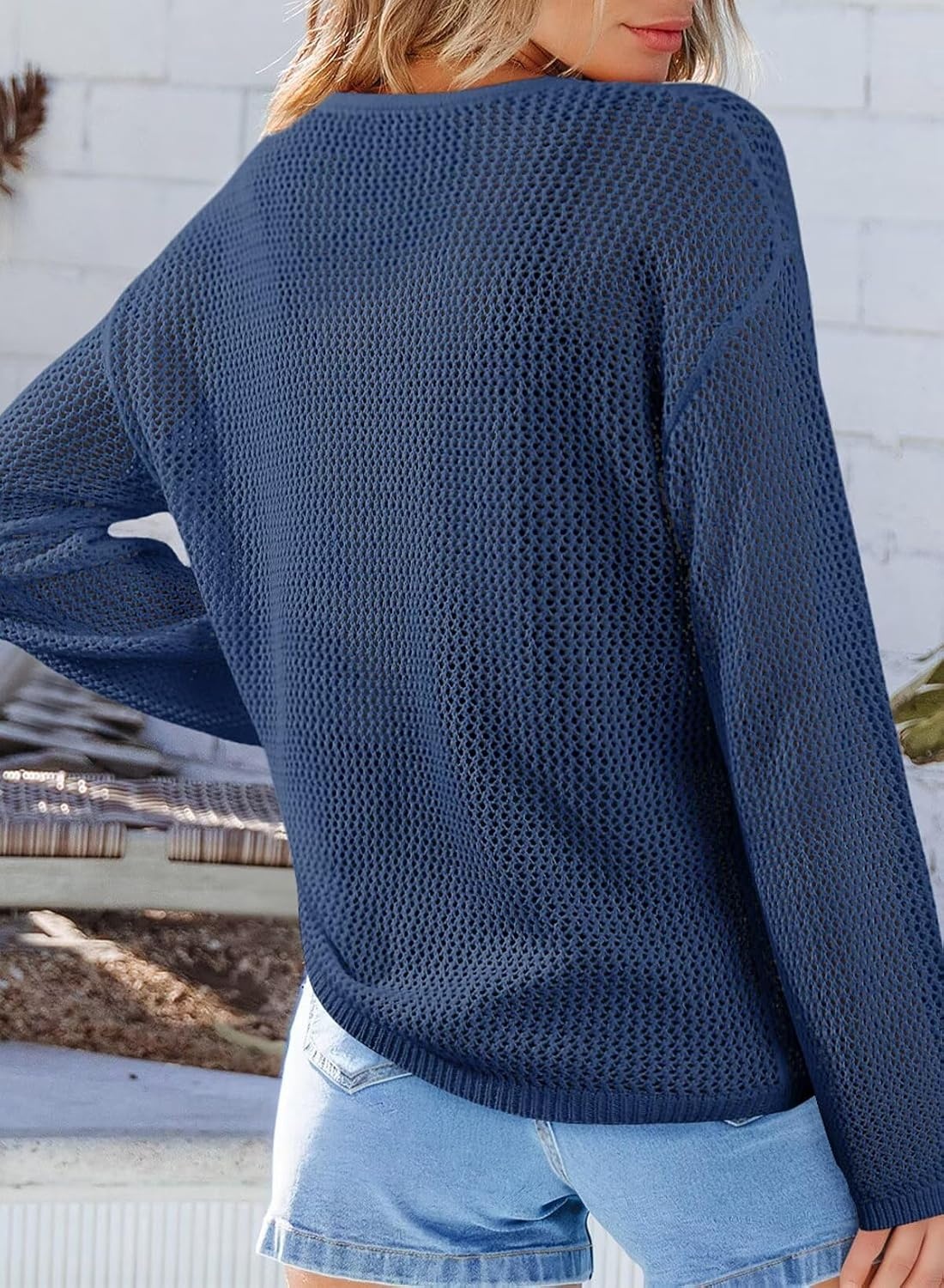 image:imageDokotoo Womens Fashion 2026 Summer Crochet Hollow Out Long Sleeve Sweaters Casual Crewneck Pullover Shirt Beach CoverupSail Blue