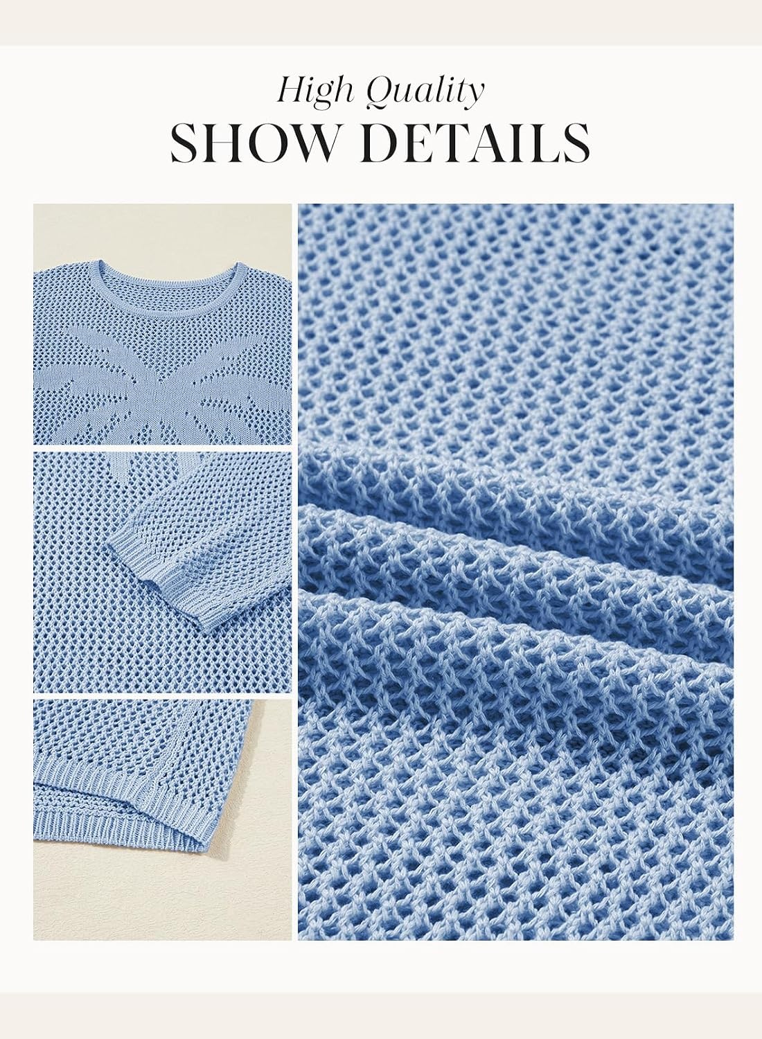 image:imageDokotoo Womens Fashion 2026 Summer Crochet Hollow Out Long Sleeve Sweaters Casual Crewneck Pullover Shirt Beach CoverupSky Blue
