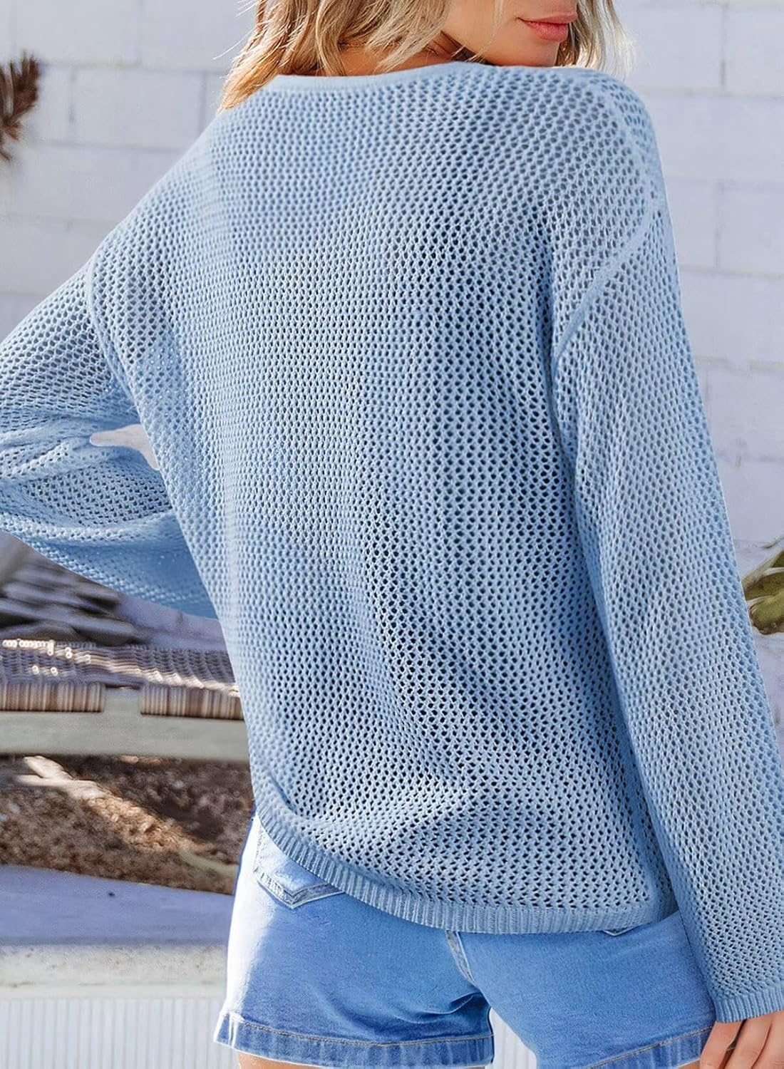 image:imageDokotoo Womens Fashion 2026 Summer Crochet Hollow Out Long Sleeve Sweaters Casual Crewneck Pullover Shirt Beach CoverupSky Blue