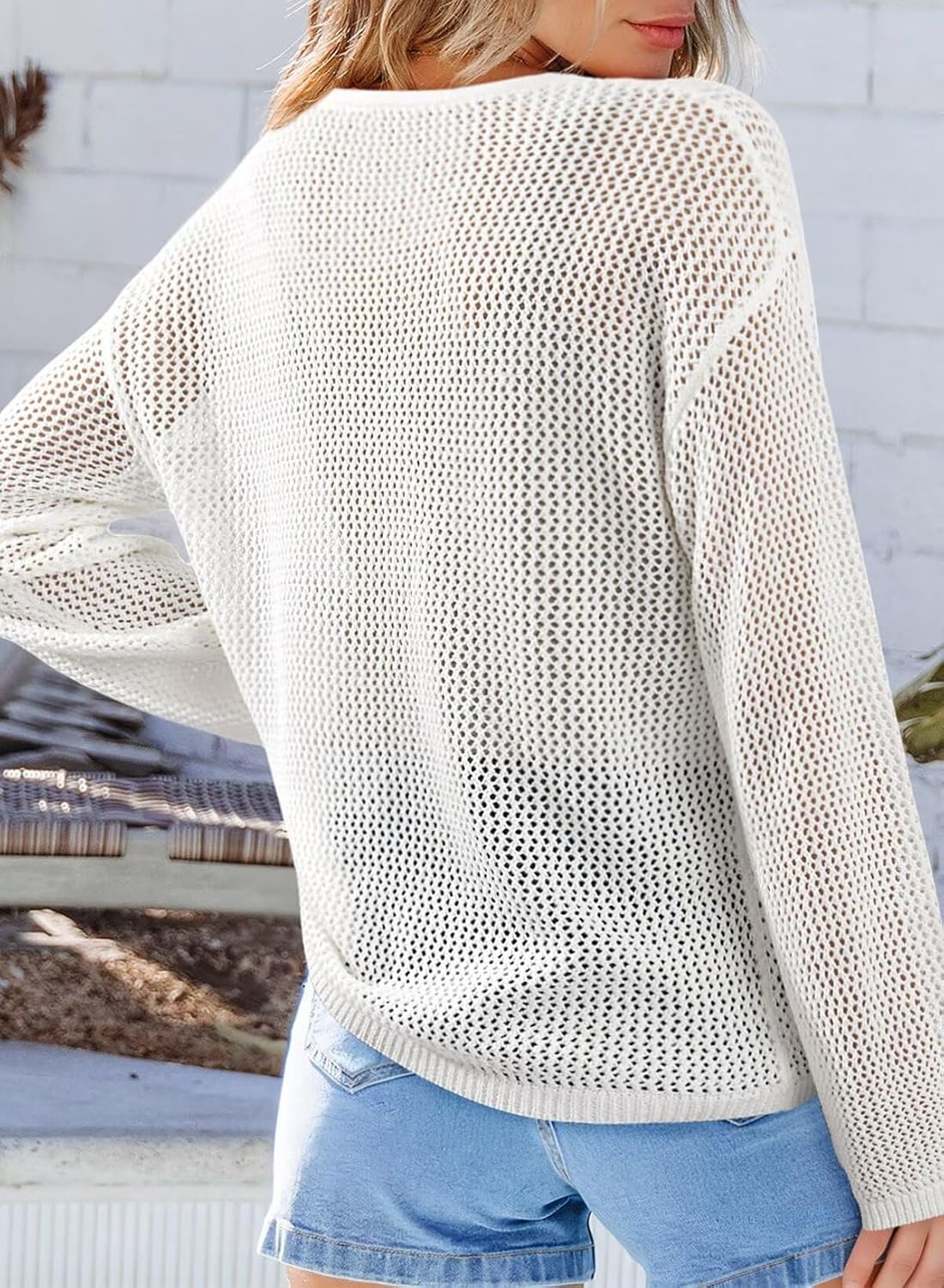 image:imageDokotoo Womens Fashion 2026 Summer Crochet Hollow Out Long Sleeve Sweaters Casual Crewneck Pullover Shirt Beach CoverupWhite