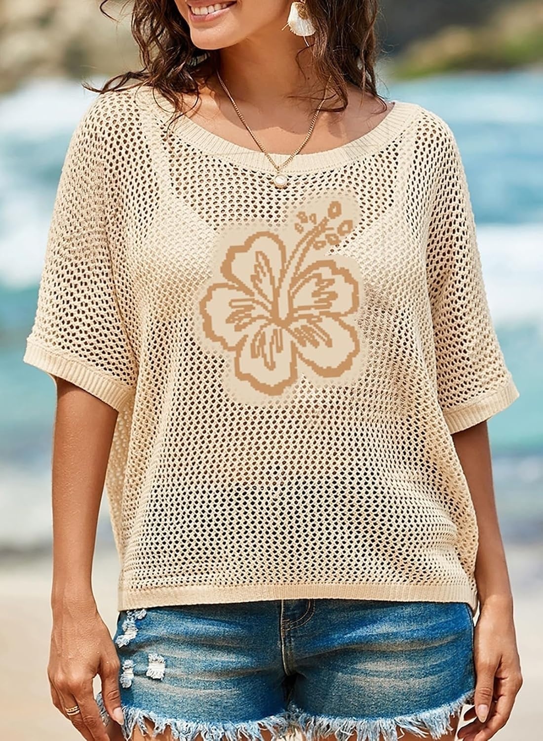 image:imageDokotoo Womens Floral Fashion Summer Tops 2026 Short Sleeve Crochet Sweaters Swimsuit Cover Ups Lightweight Knit PulloverBeige