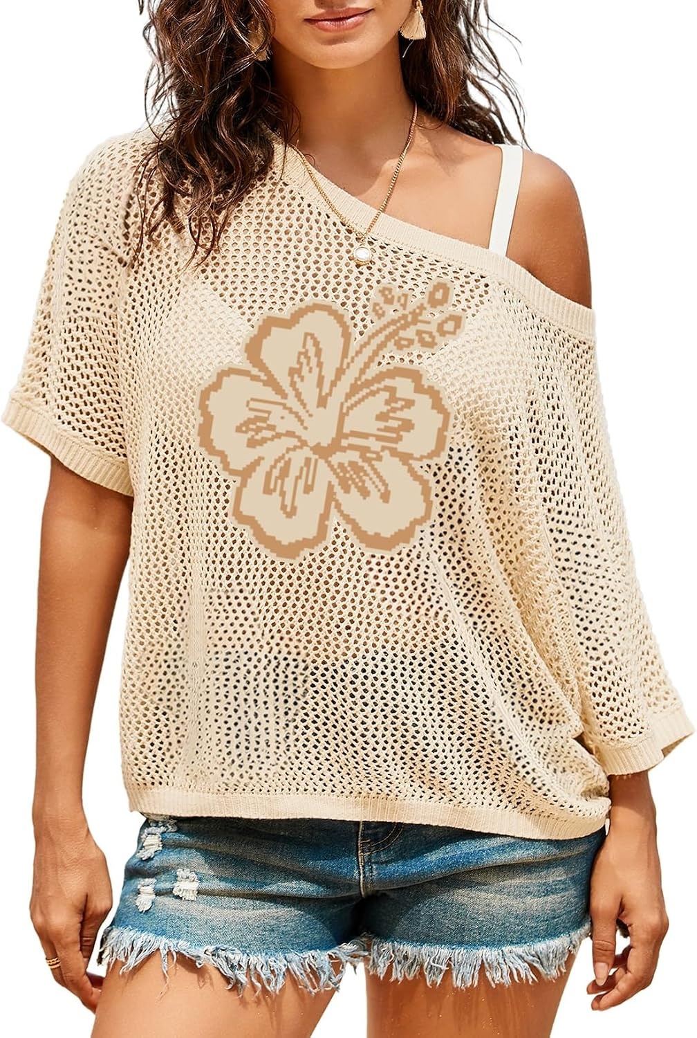 image:imageDokotoo Womens Floral Fashion Summer Tops 2026 Short Sleeve Crochet Sweaters Swimsuit Cover Ups Lightweight Knit PulloverBeige