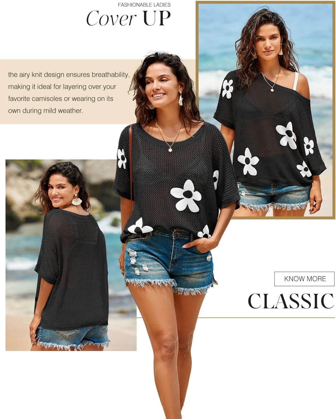image:imageDokotoo Womens Floral Fashion Summer Tops 2026 Short Sleeve Crochet Sweaters Swimsuit Cover Ups Lightweight Knit PulloverBlack