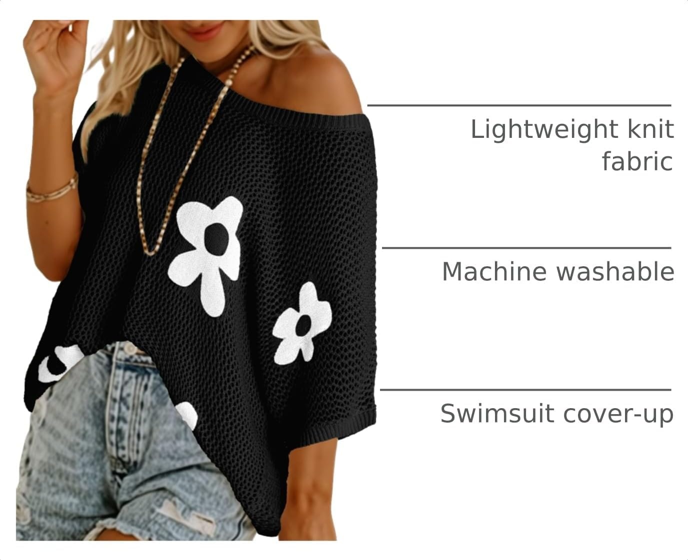 image:imageDokotoo Womens Floral Fashion Summer Tops 2026 Short Sleeve Crochet Sweaters Swimsuit Cover Ups Lightweight Knit PulloverBlack