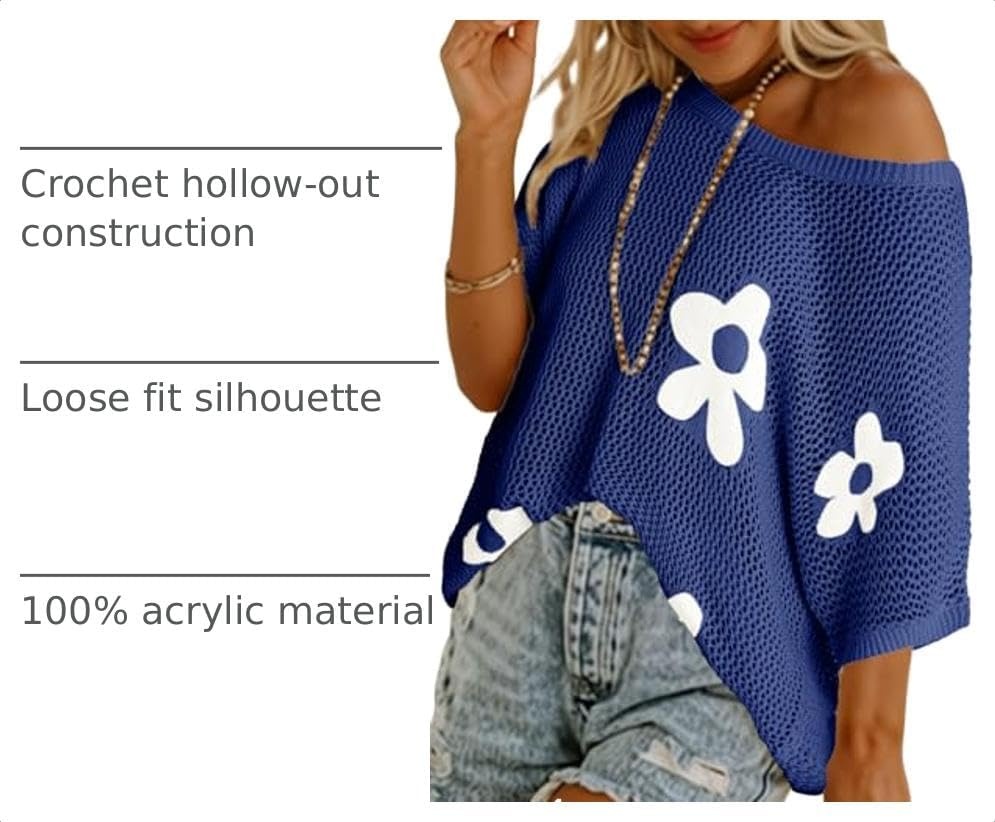 image:imageDokotoo Womens Floral Fashion Summer Tops 2026 Short Sleeve Crochet Sweaters Swimsuit Cover Ups Lightweight Knit PulloverBluing