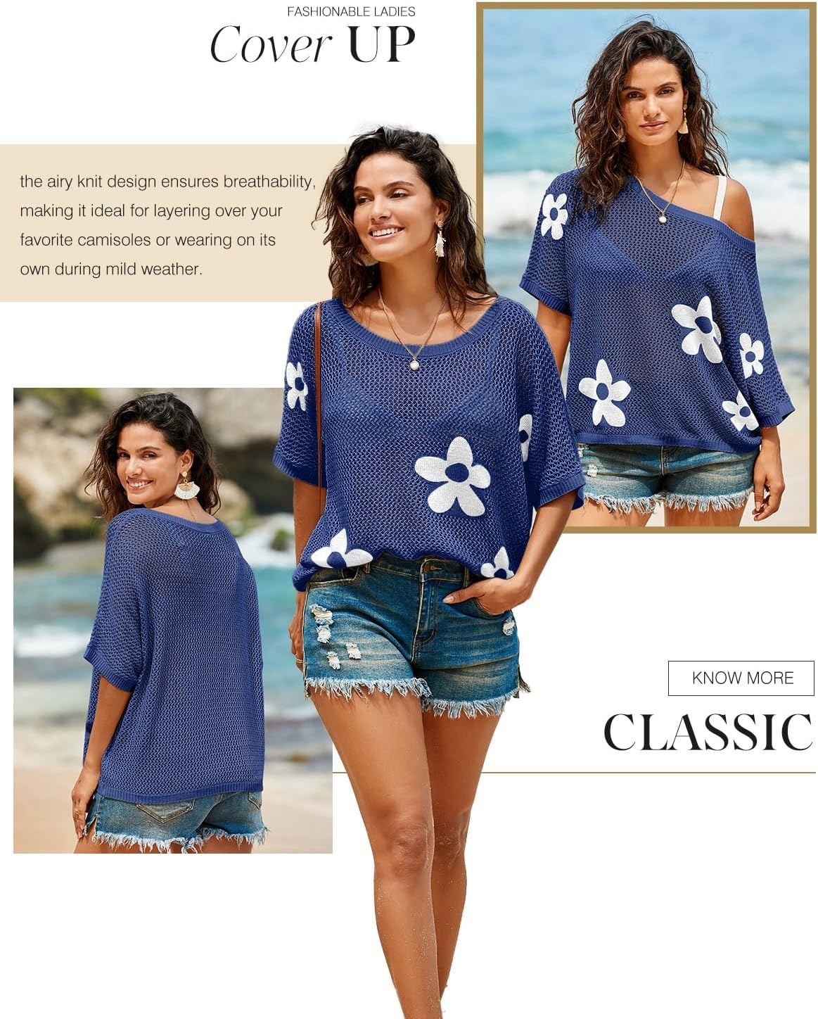 image:imageDokotoo Womens Floral Fashion Summer Tops 2026 Short Sleeve Crochet Sweaters Swimsuit Cover Ups Lightweight Knit PulloverBluing