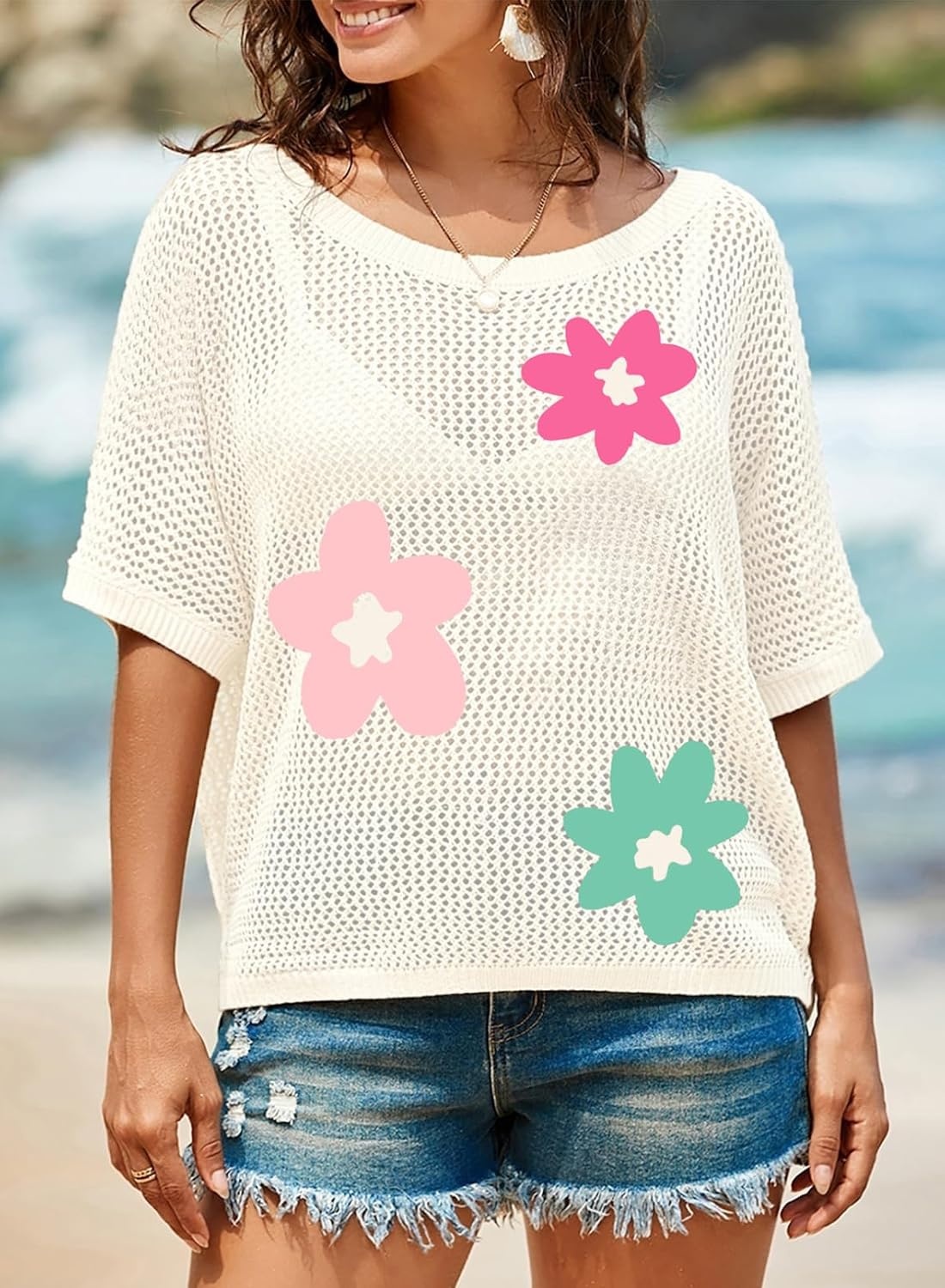 image:imageDokotoo Womens Floral Fashion Summer Tops 2026 Short Sleeve Crochet Sweaters Swimsuit Cover Ups Lightweight Knit PulloverColorfulfloral