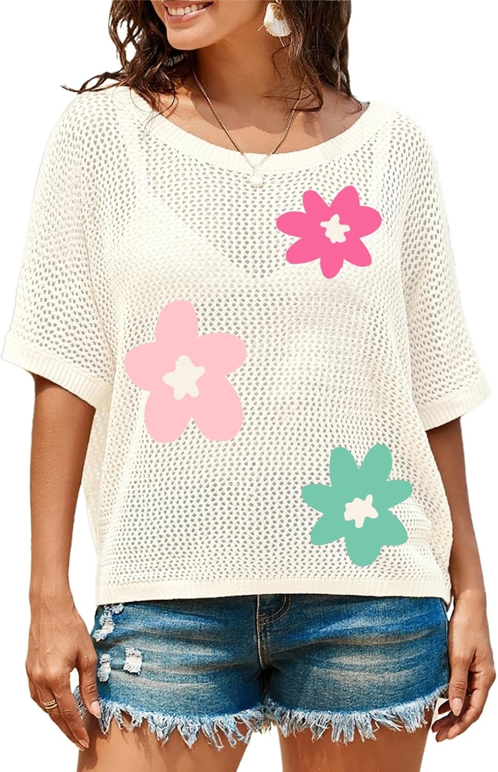 image:imageDokotoo Womens Floral Fashion Summer Tops 2026 Short Sleeve Crochet Sweaters Swimsuit Cover Ups Lightweight Knit PulloverColorfulfloral