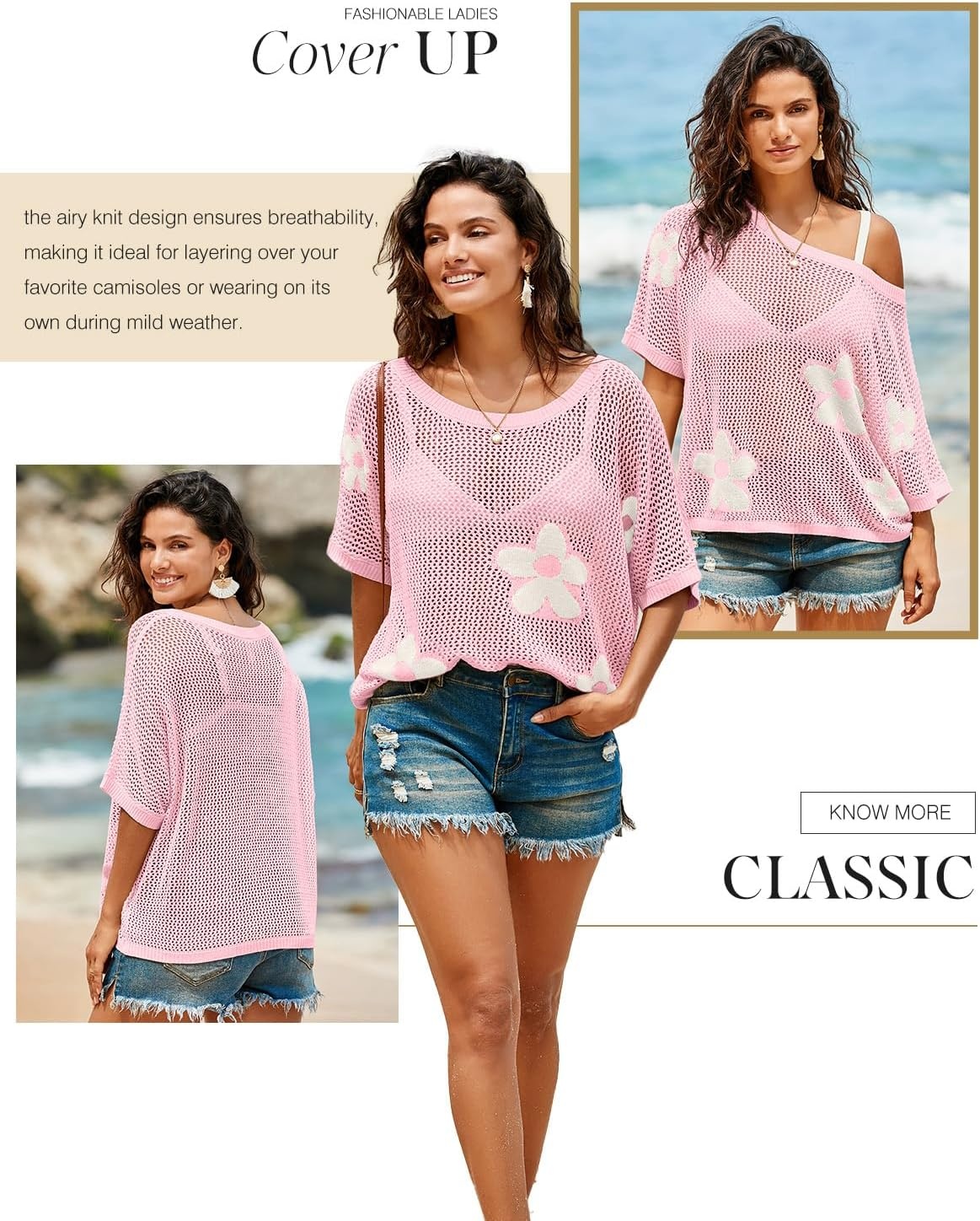 image:imageDokotoo Womens Floral Fashion Summer Tops 2026 Short Sleeve Crochet Sweaters Swimsuit Cover Ups Lightweight Knit PulloverLight Pink