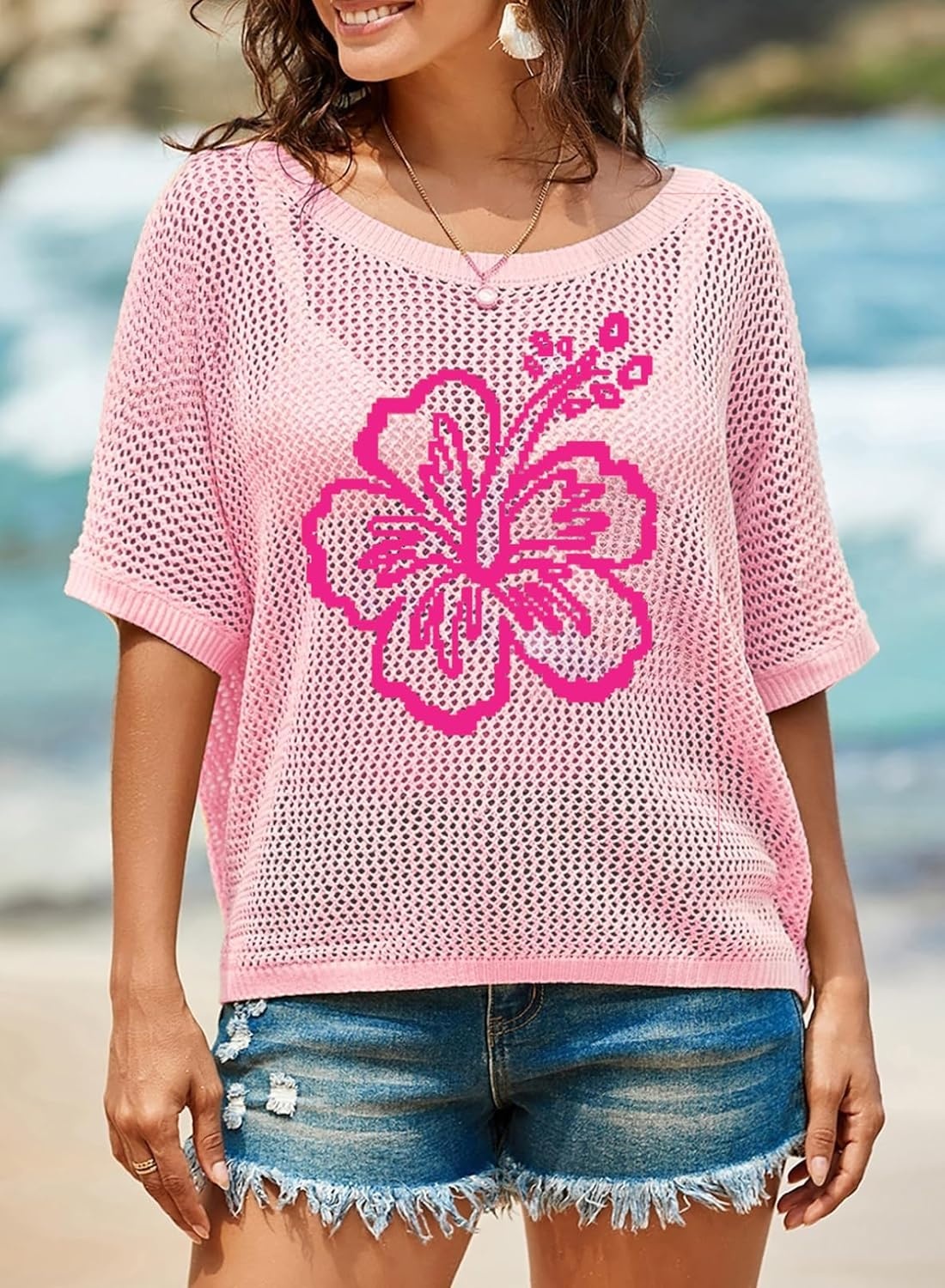 image:imageDokotoo Womens Floral Fashion Summer Tops 2026 Short Sleeve Crochet Sweaters Swimsuit Cover Ups Lightweight Knit PulloverPinkhibiscus