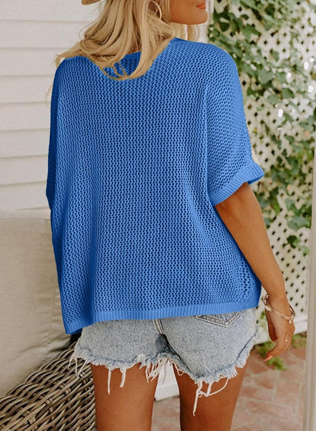 image:imageDokotoo Womens Floral Fashion Summer Tops 2026 Short Sleeve Crochet Sweaters Swimsuit Cover Ups Lightweight Knit PulloverSky Blue