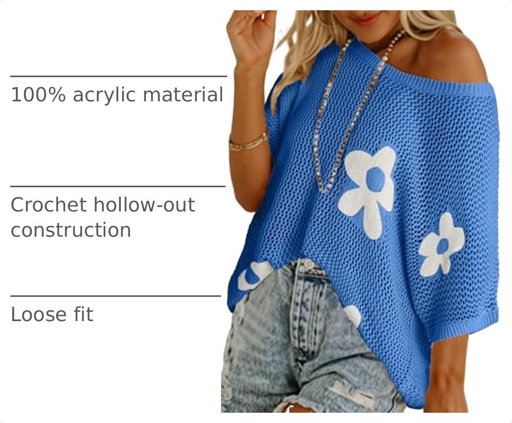 image:imageDokotoo Womens Floral Fashion Summer Tops 2026 Short Sleeve Crochet Sweaters Swimsuit Cover Ups Lightweight Knit PulloverSky Blue