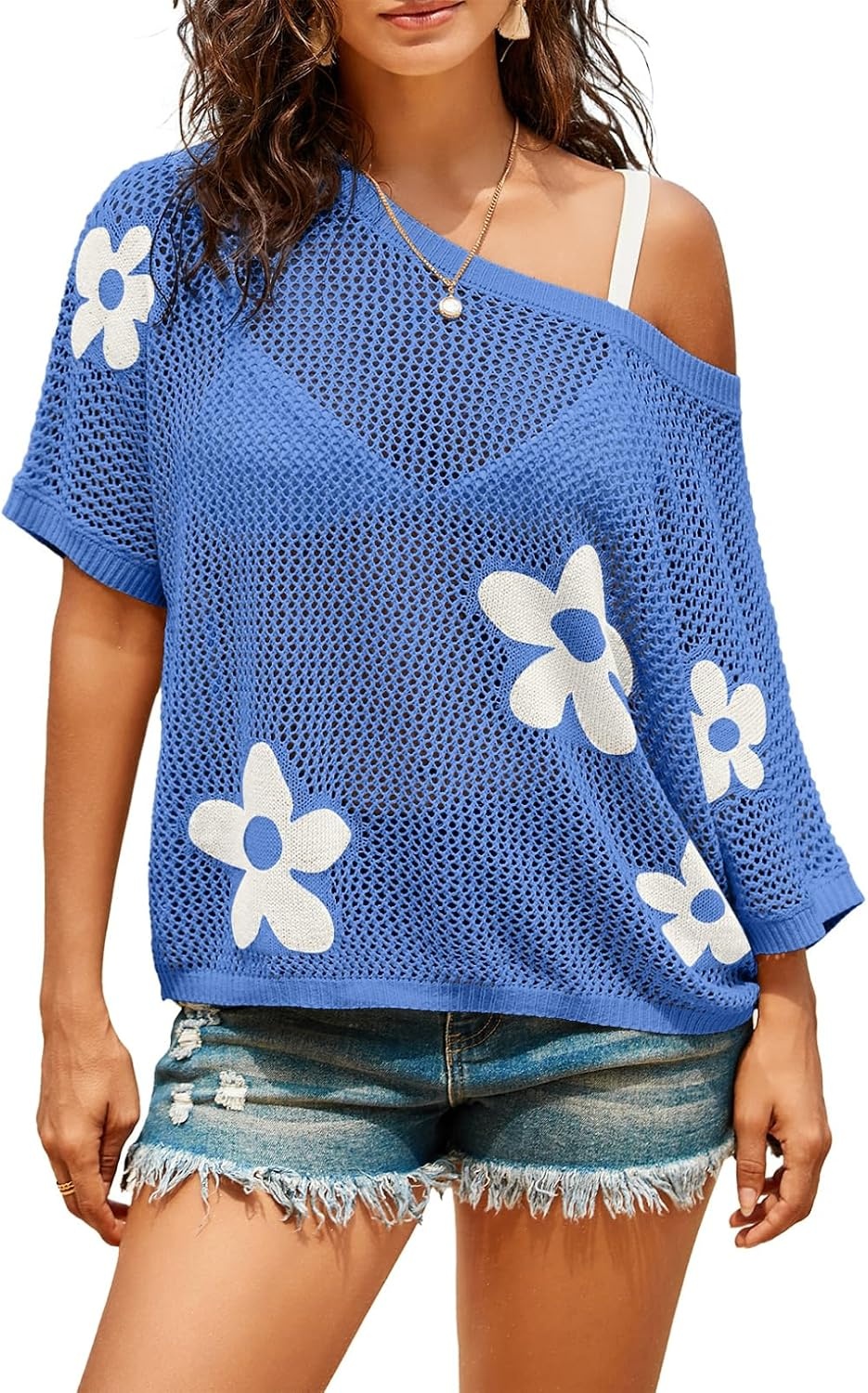 image:imageDokotoo Womens Floral Fashion Summer Tops 2026 Short Sleeve Crochet Sweaters Swimsuit Cover Ups Lightweight Knit PulloverSky Blue