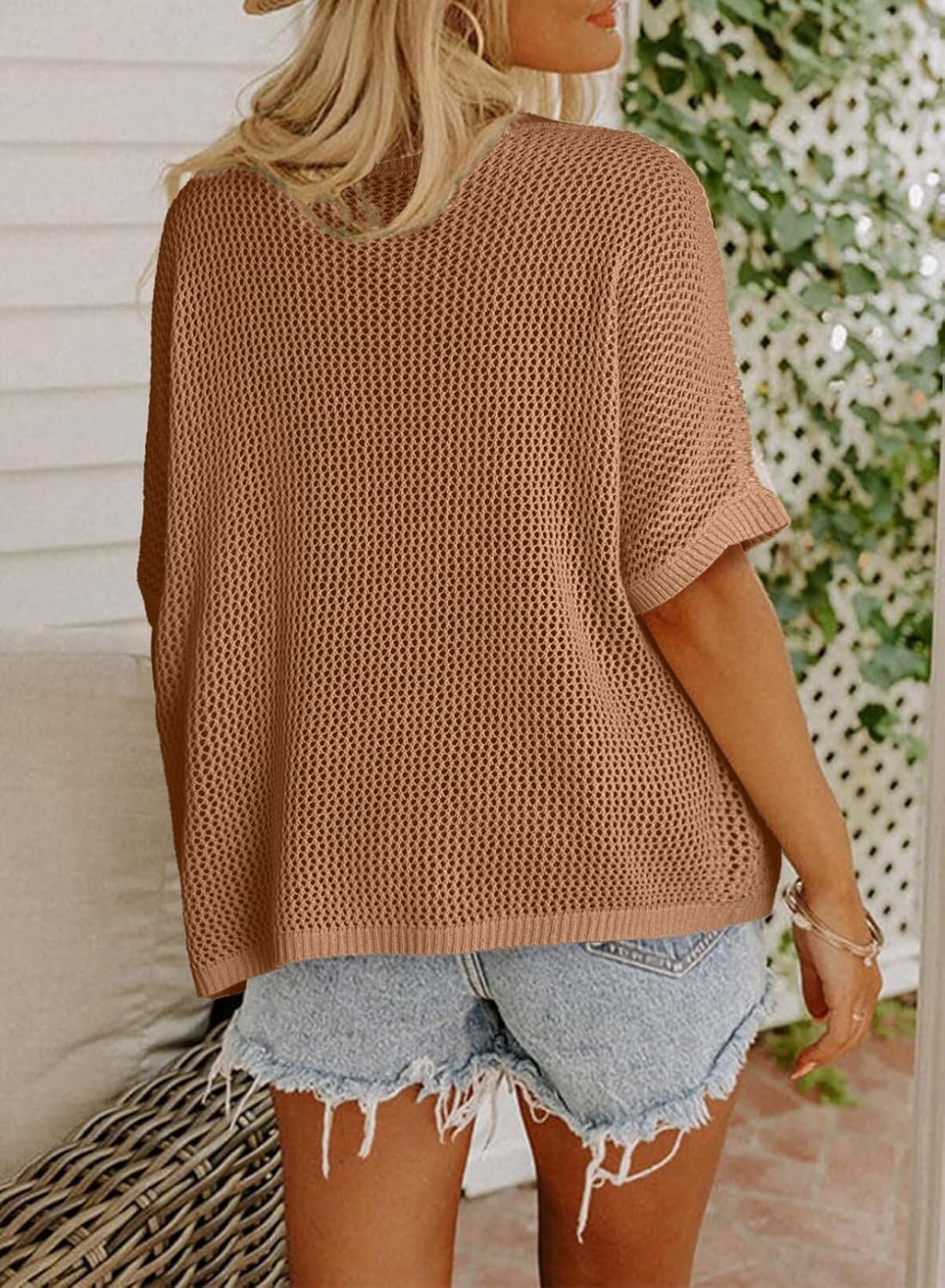 image:imageDokotoo Womens Floral Fashion Summer Tops 2026 Short Sleeve Crochet Sweaters Swimsuit Cover Ups Lightweight Knit PulloverStraw Yellow