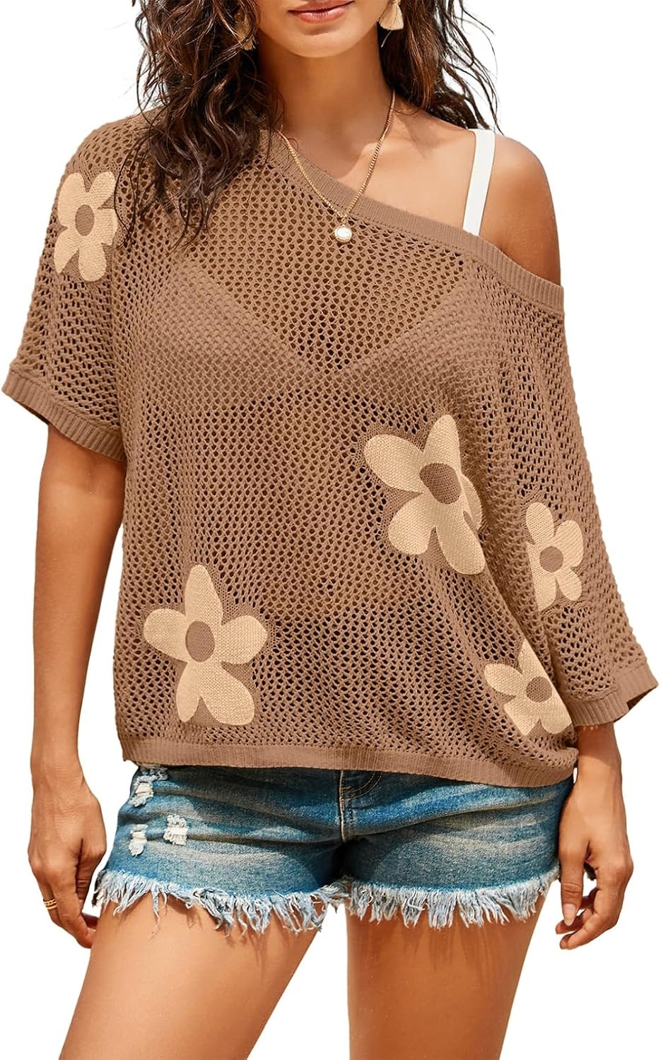 image:imageDokotoo Womens Floral Fashion Summer Tops 2026 Short Sleeve Crochet Sweaters Swimsuit Cover Ups Lightweight Knit PulloverStraw Yellow