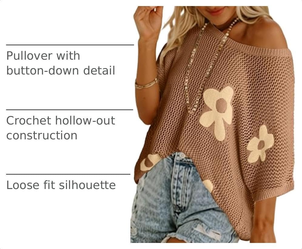 image:imageDokotoo Womens Floral Fashion Summer Tops 2026 Short Sleeve Crochet Sweaters Swimsuit Cover Ups Lightweight Knit PulloverStraw Yellow