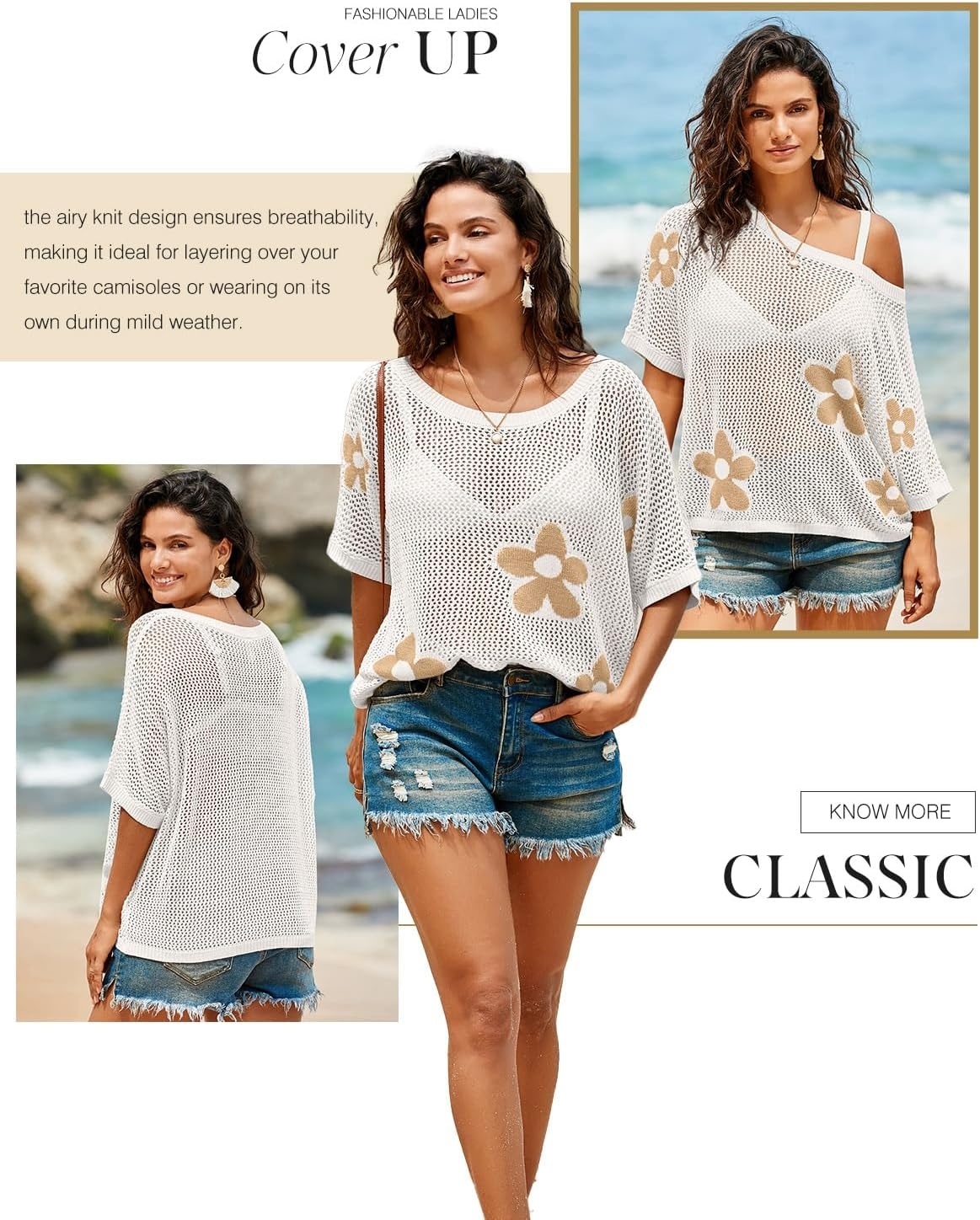 image:imageDokotoo Womens Floral Fashion Summer Tops 2026 Short Sleeve Crochet Sweaters Swimsuit Cover Ups Lightweight Knit PulloverWhite