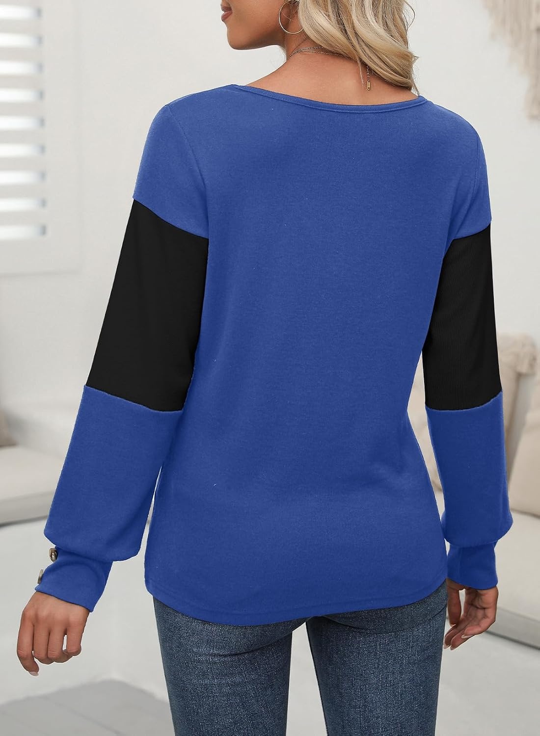 image:imageDokotoo Womens Long Sleeve Tops V Neck Color Block Pullover Casual SweaterBlack Blue