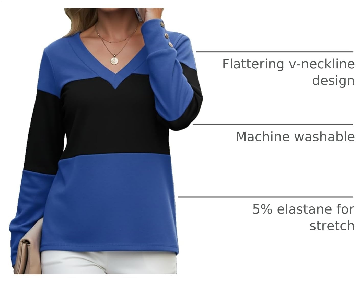 image:imageDokotoo Womens Long Sleeve Tops V Neck Color Block Pullover Casual SweaterBlack Blue
