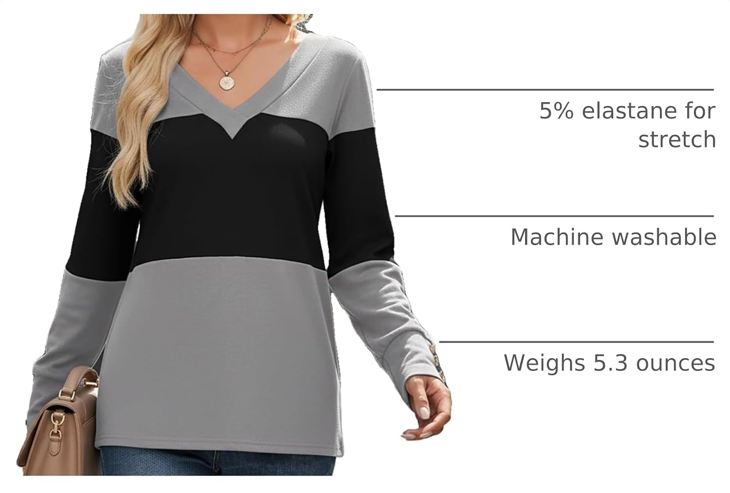 image:imageDokotoo Womens Long Sleeve Tops V Neck Color Block Pullover Casual SweaterBlack Grey