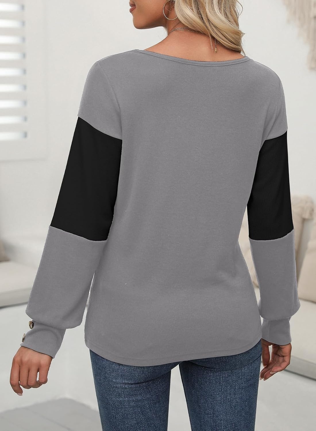 image:imageDokotoo Womens Long Sleeve Tops V Neck Color Block Pullover Casual SweaterBlack Grey